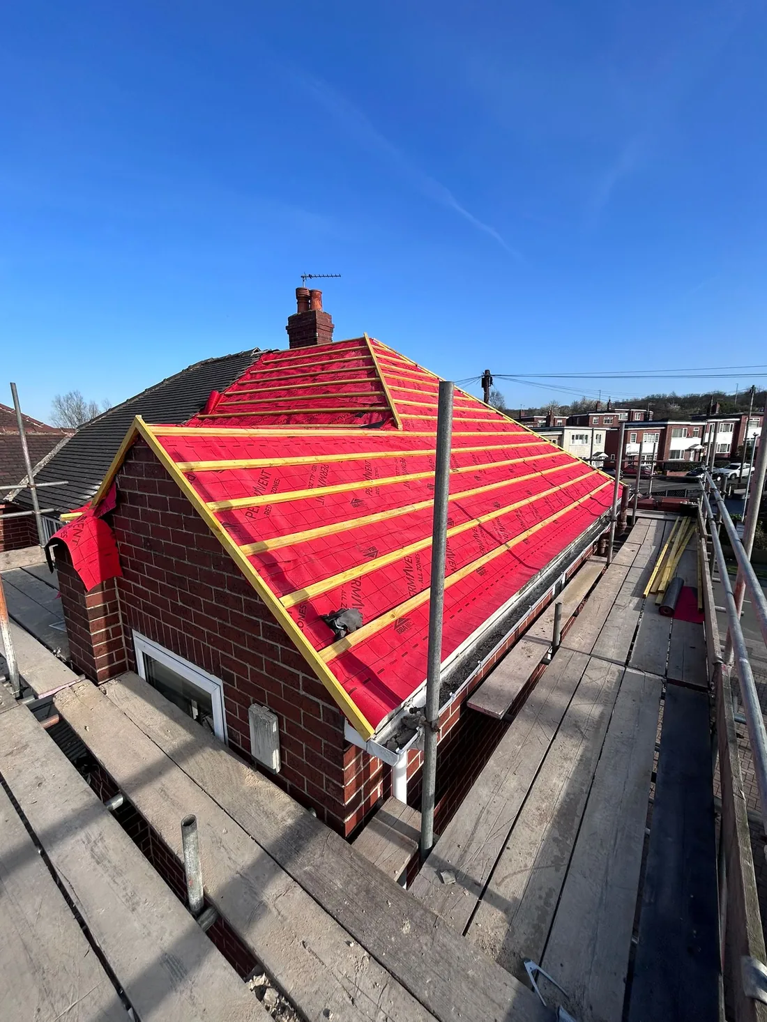 Red breathable membrane and roof battens